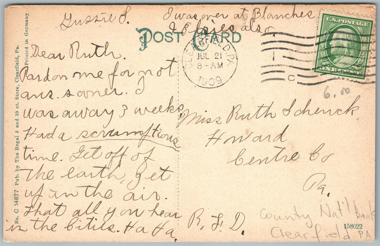 CLEARFIELD PA S.W. CORNER MARKET & SECOND STREET 1909 ANTIQUE POSTCARD