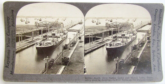 ANTIQUE STEREO PHOTO BUSY SCENE ON PANAMA CANAL GATUN LOCKS & LAKE SHIPS