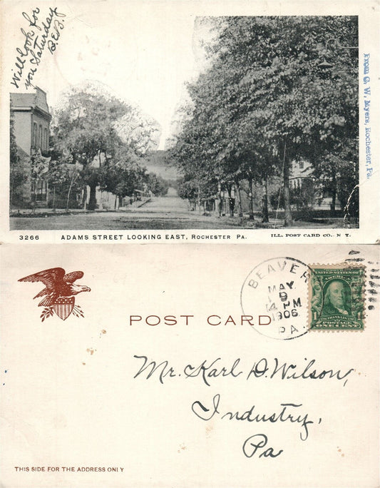 ROCHESTER PA ADAMS STREET 1906 UNDIVIDED ANTIQUE POSTCARD CORK STAMP