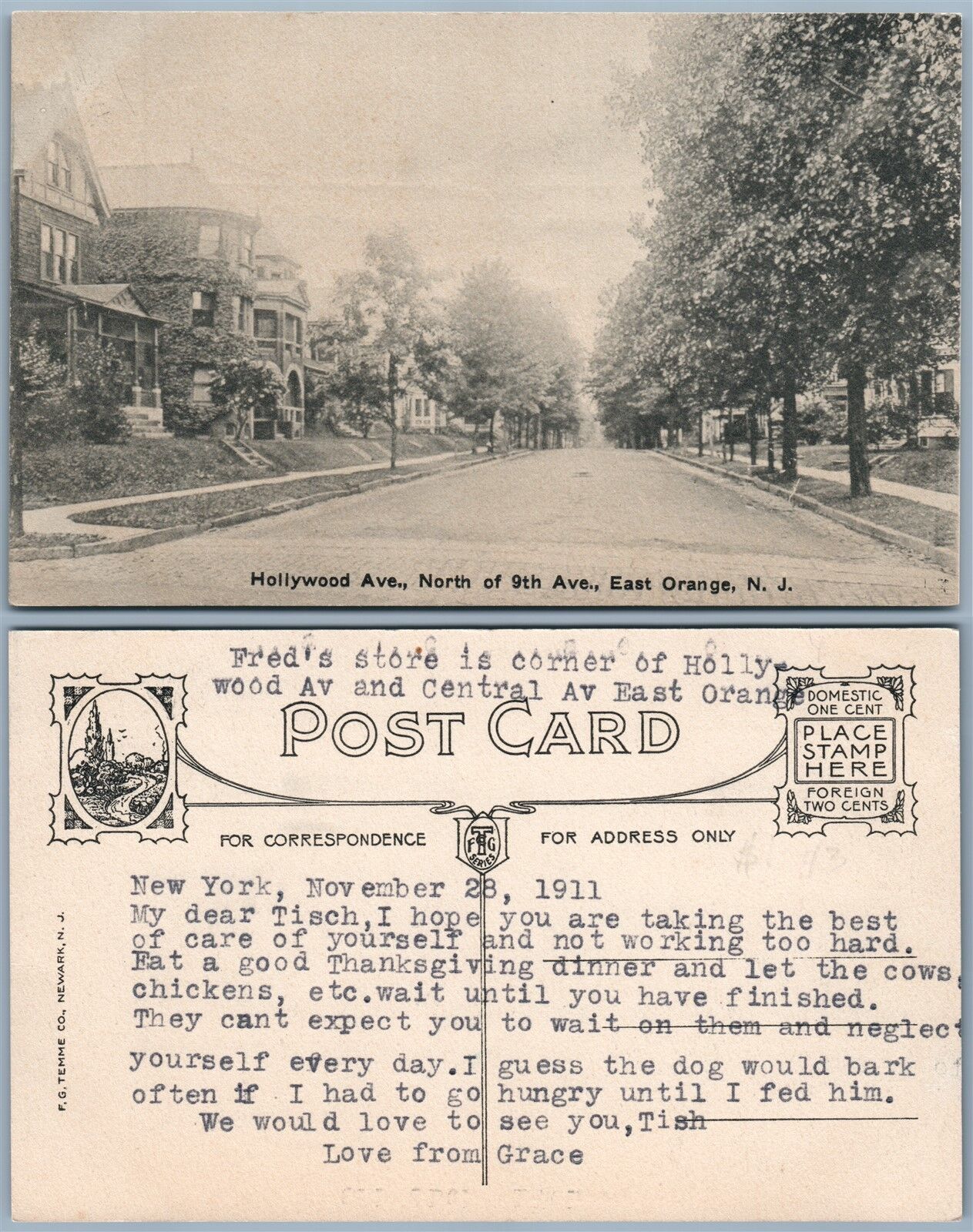 EAST ORANGE N.J. HOLLYWOOD AVENUE ANTIQUE 1911 POSTCARD