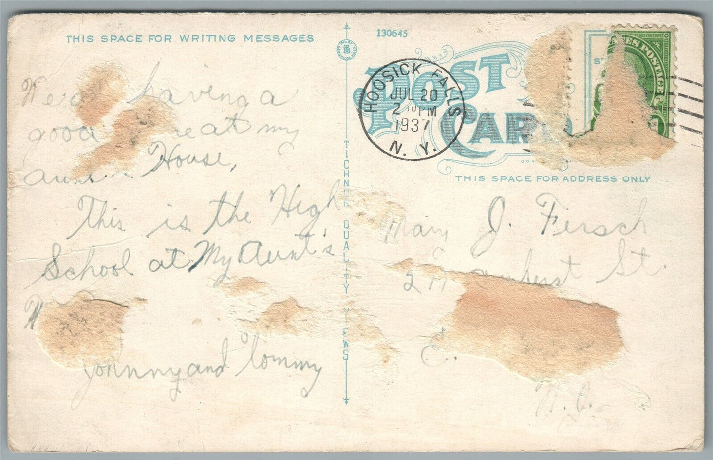 HOOSICK FALLS NY WOOD'S MEMORIAL HIGH SCHOOL ANTIQUE POSTCARD