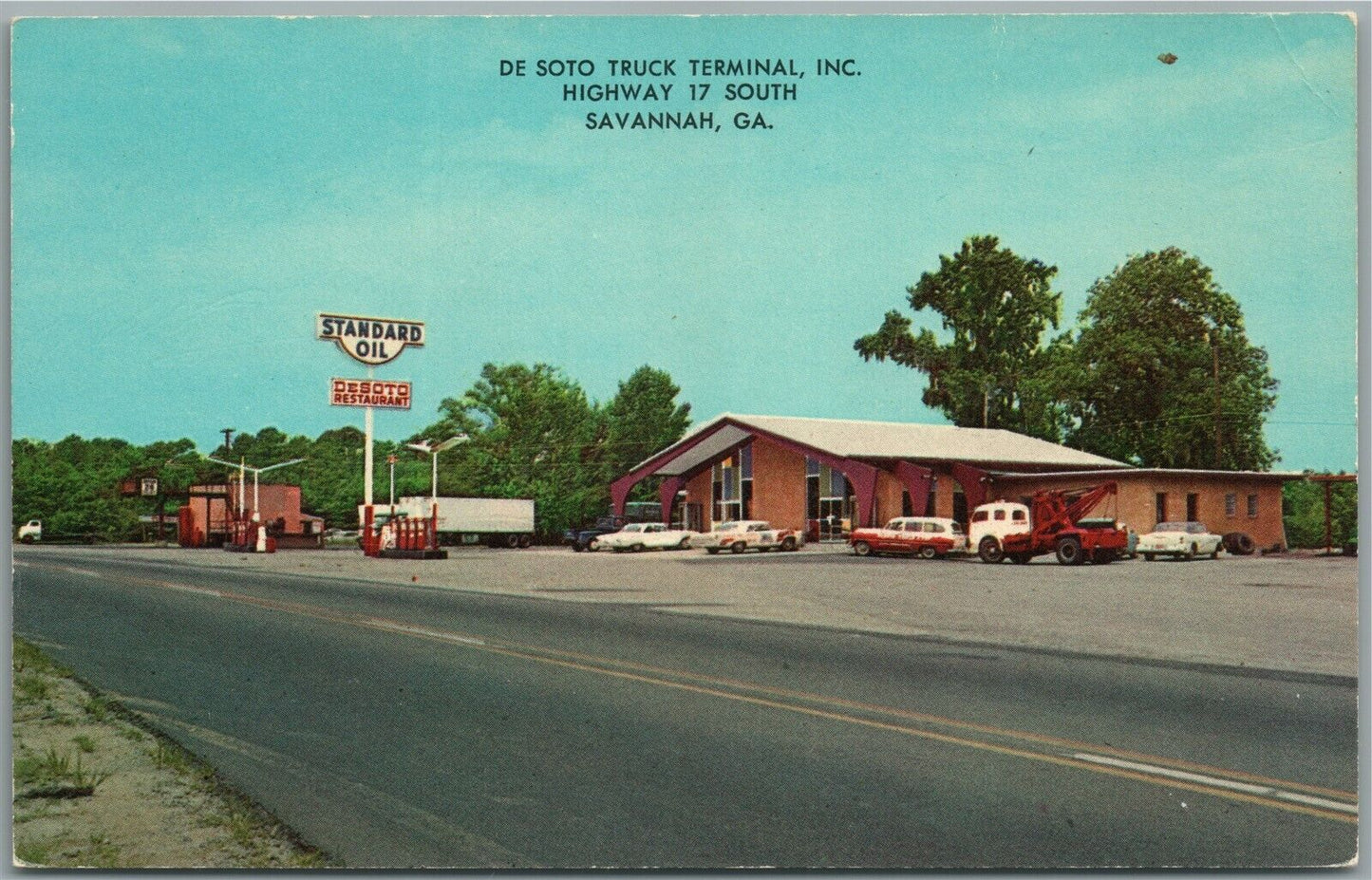 SAVANNAH GA GAS STATION STANDARD OIL DE SOTO TRUCK TERMINAL VINTAGE POSTCARD