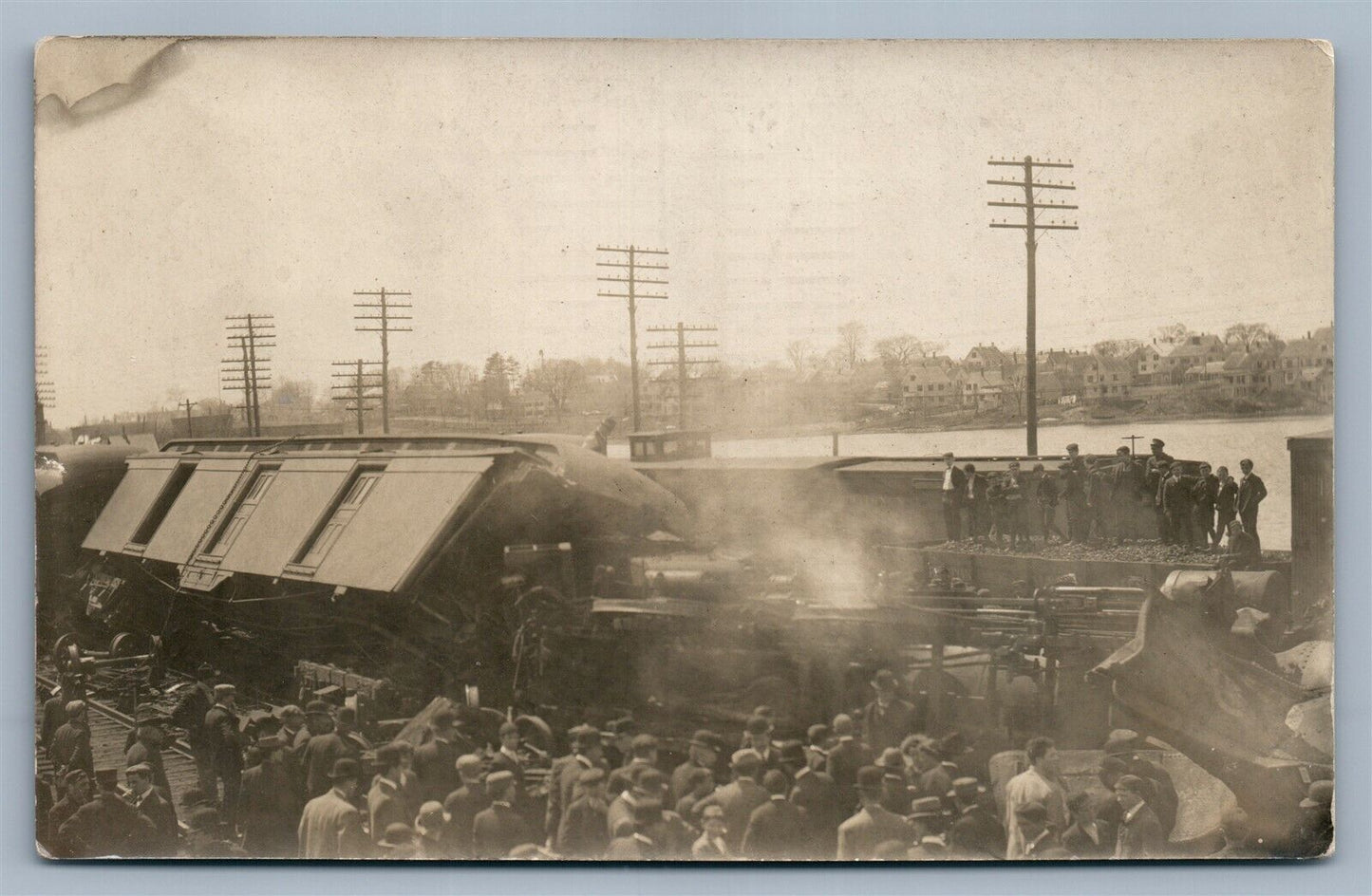 TRAIN WRECK CRASH SCENE RAILROAD ANTIQUE REAL PHOTO POSTCARD RPPC railway