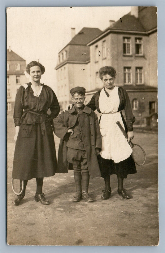 YOUNG TENNIS PLAYERS ANTIQUE REAL PHOTO POSTCARD RPPC