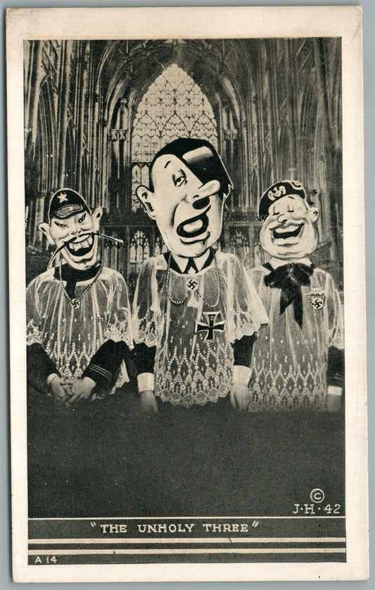AMERICAN WWII PROPAGANDA VINTAGE POSTCARD THE UNHOLY THREE