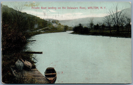 WALTON NY PRIVATE BOAT LANDING ON DELAWARE RIVER 1912 ANTIQUE POSTCARD