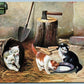 CATS EATING in the BARN ANTIQUE POSTCARD