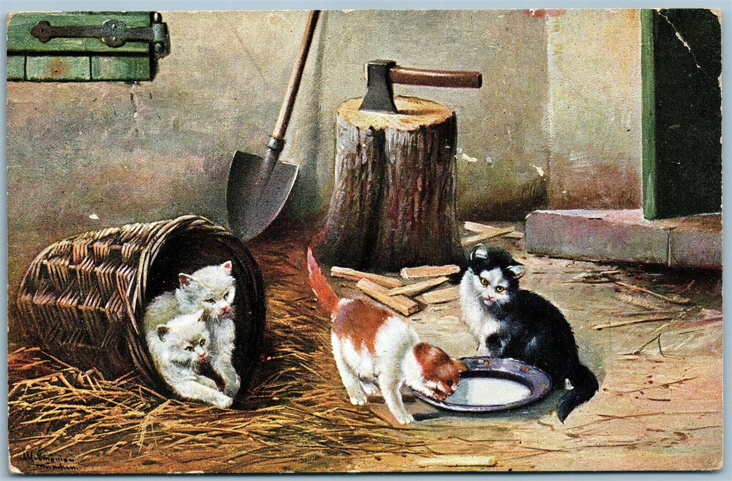 CATS EATING in the BARN ANTIQUE POSTCARD