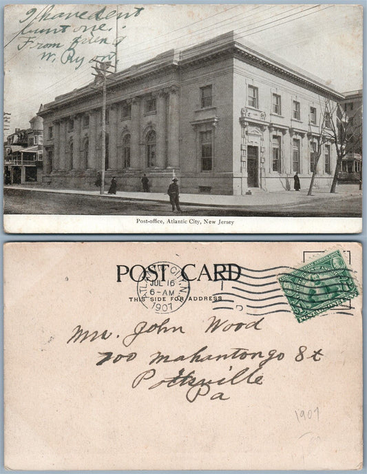 ATLANTIC CITY N.J. POST OFFICE 1907 UNDIVIDED ANTIQUE POSTCARD