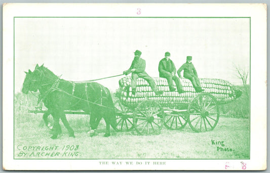 EXAGGERATED ANTIQUE POSTCARD THE  WAY WE DO IT HERE copyright 1908 CORN farming