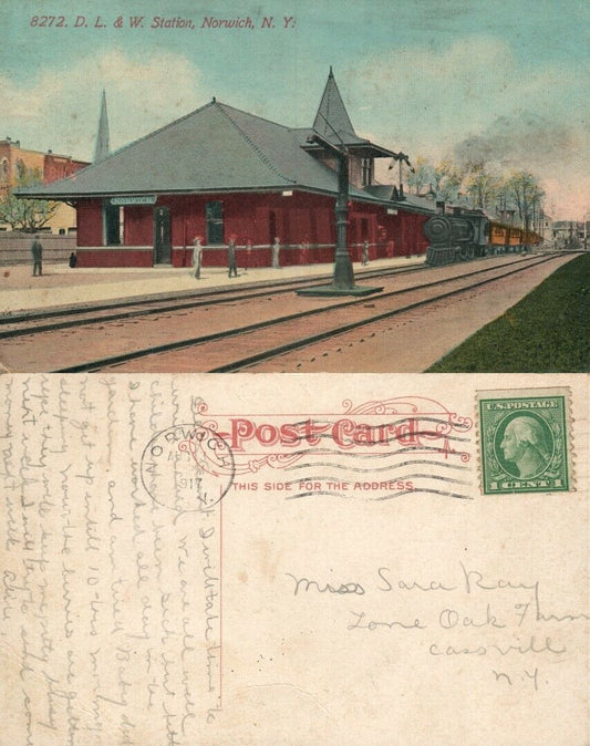 NORWICH N.Y. D.L. & W. RAILROAD STATION ANTIQUE 1917 POSTCARD railway depot