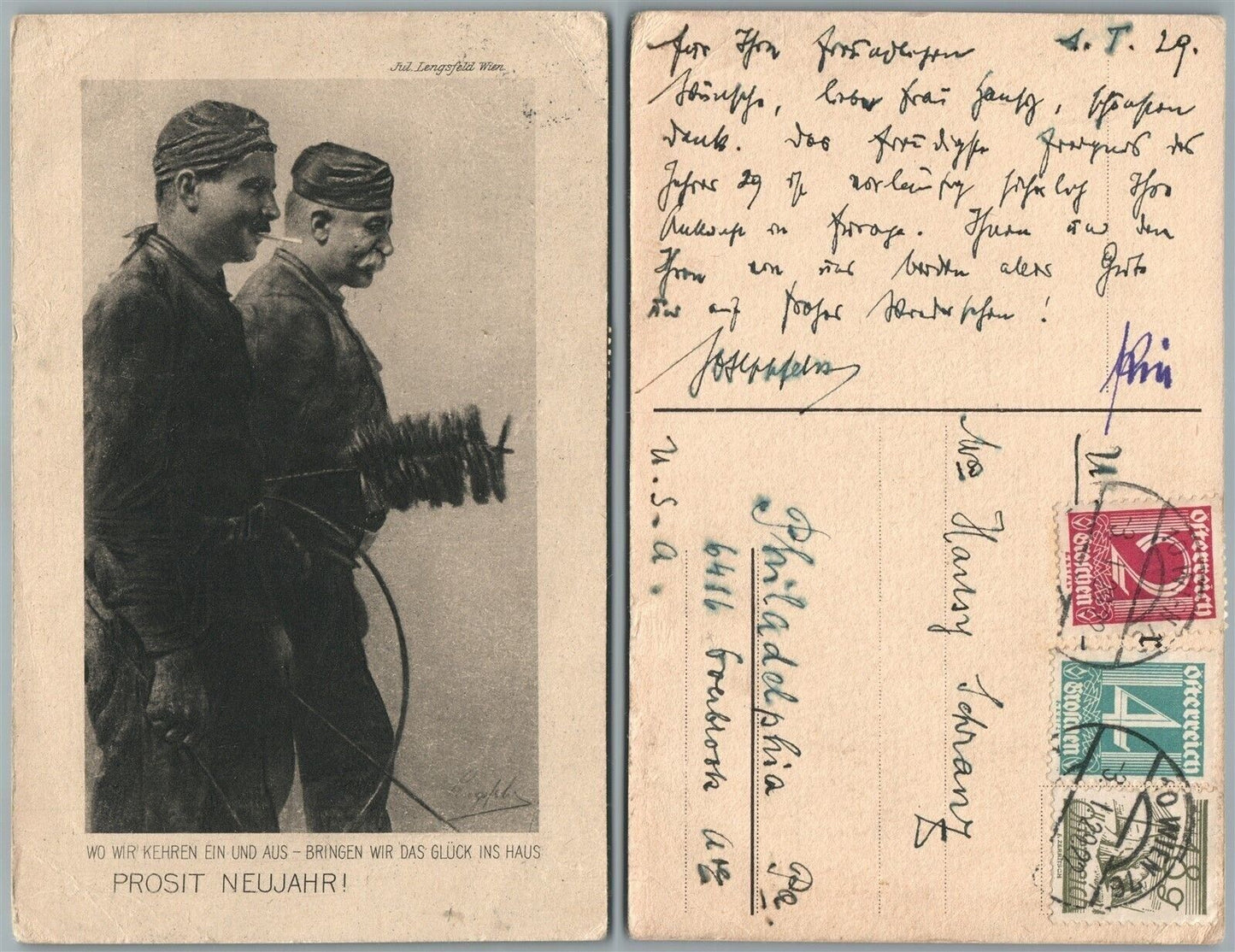 2 WORKERS AUSTRIAN NEW YEAR GREETINGS ANTIQUE POSTCARD w/ STAMPS