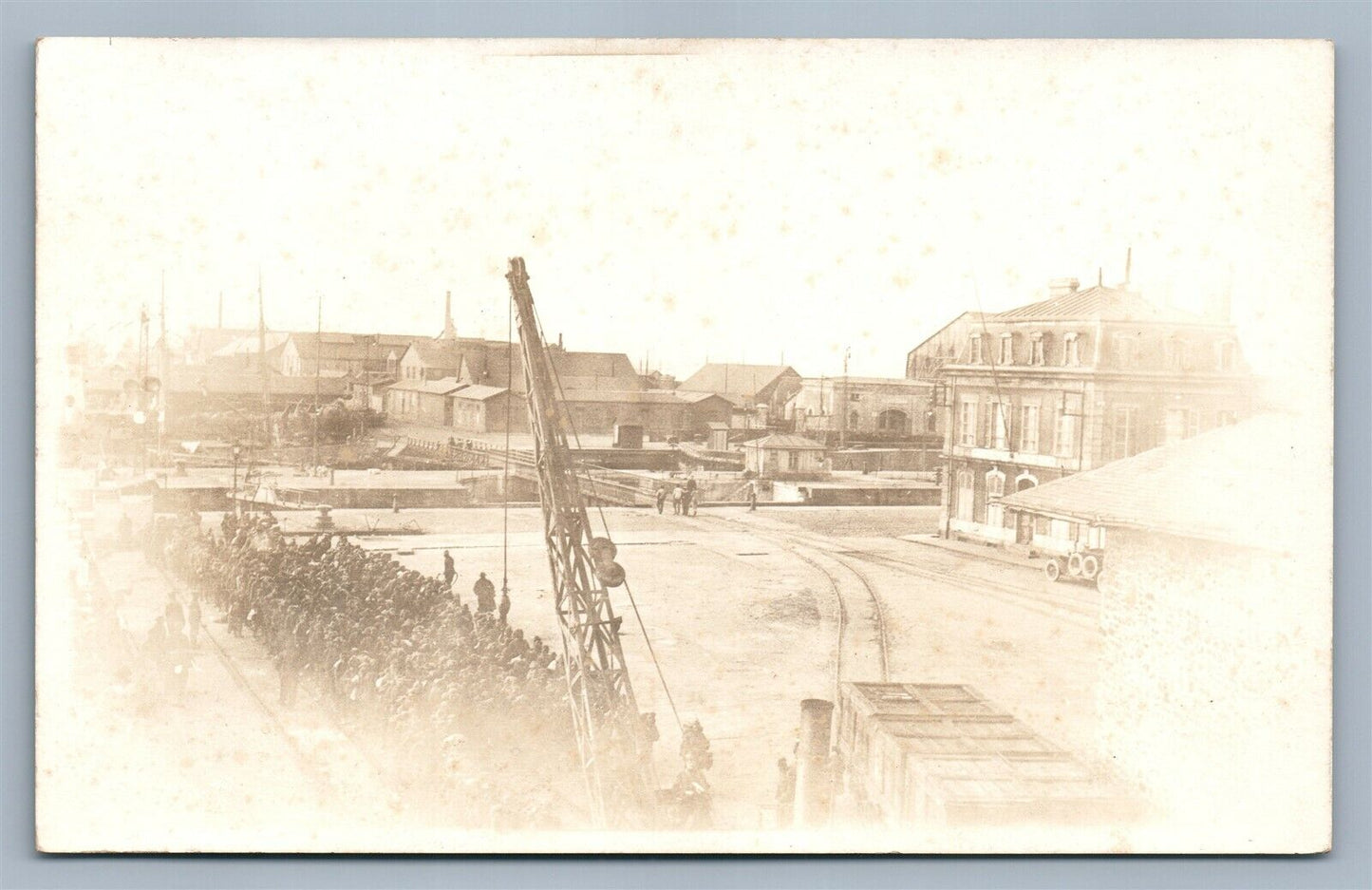 MILITARY TROOPS on RAILROAD STATION WWI ANTIQUE REAL PHOTO POSTCARD RPPC