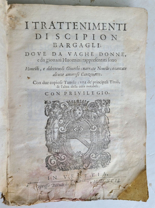 1592 I TRATTENIMENTI DI SCIPION BARGAGLI antique VELLUM BINDING