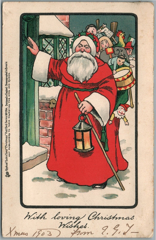 SANTA WITH LOVING CHRISTMAS GREETINGS ANTIQUE POSTCARD