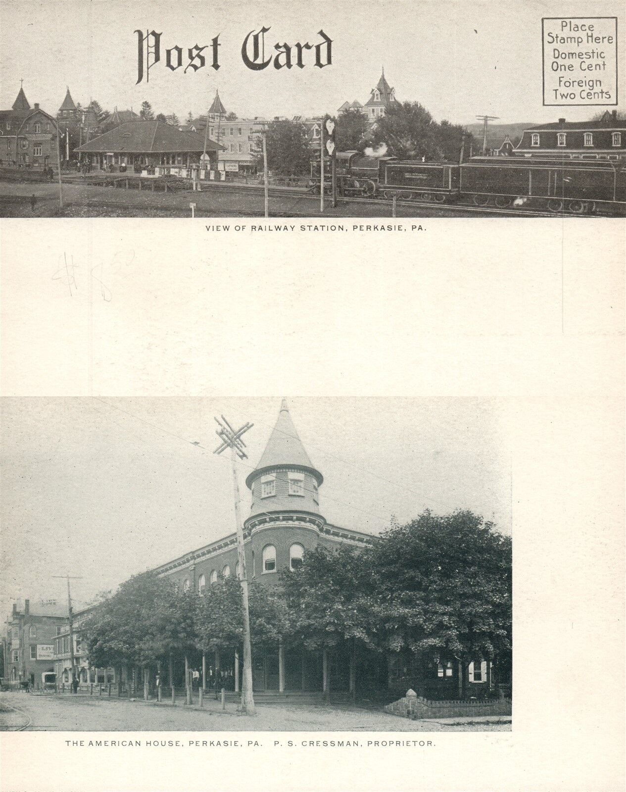 PERKASIE PA RAILROAD STATION & AMERICAN HOUSE ANTIQUE POSTCARD railway depot