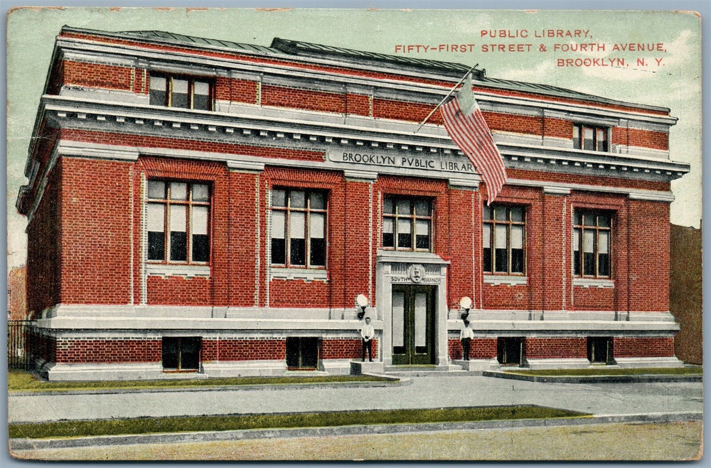 BROOKLYN NY 51st STREET & FOURTH AVENUE PUBLIC LIBRARY ANTIQUE POSTCARD