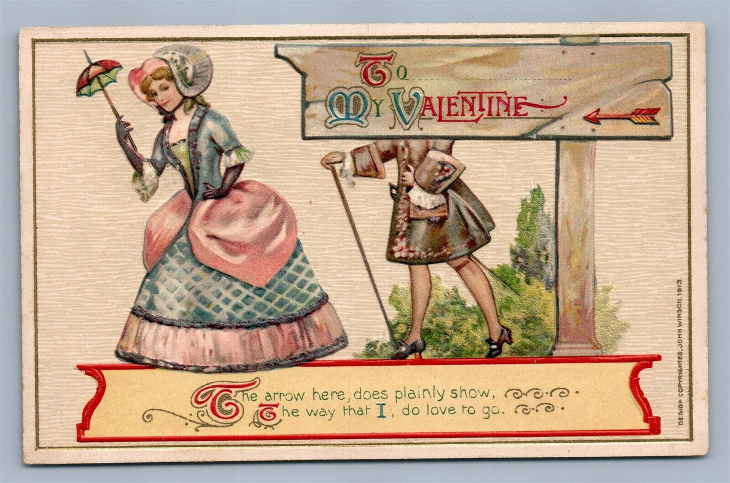 TO MY VALENTINE ARROW 1913 EMBOSSED ANTIQUE POSTCARD by JOHN WINSCH