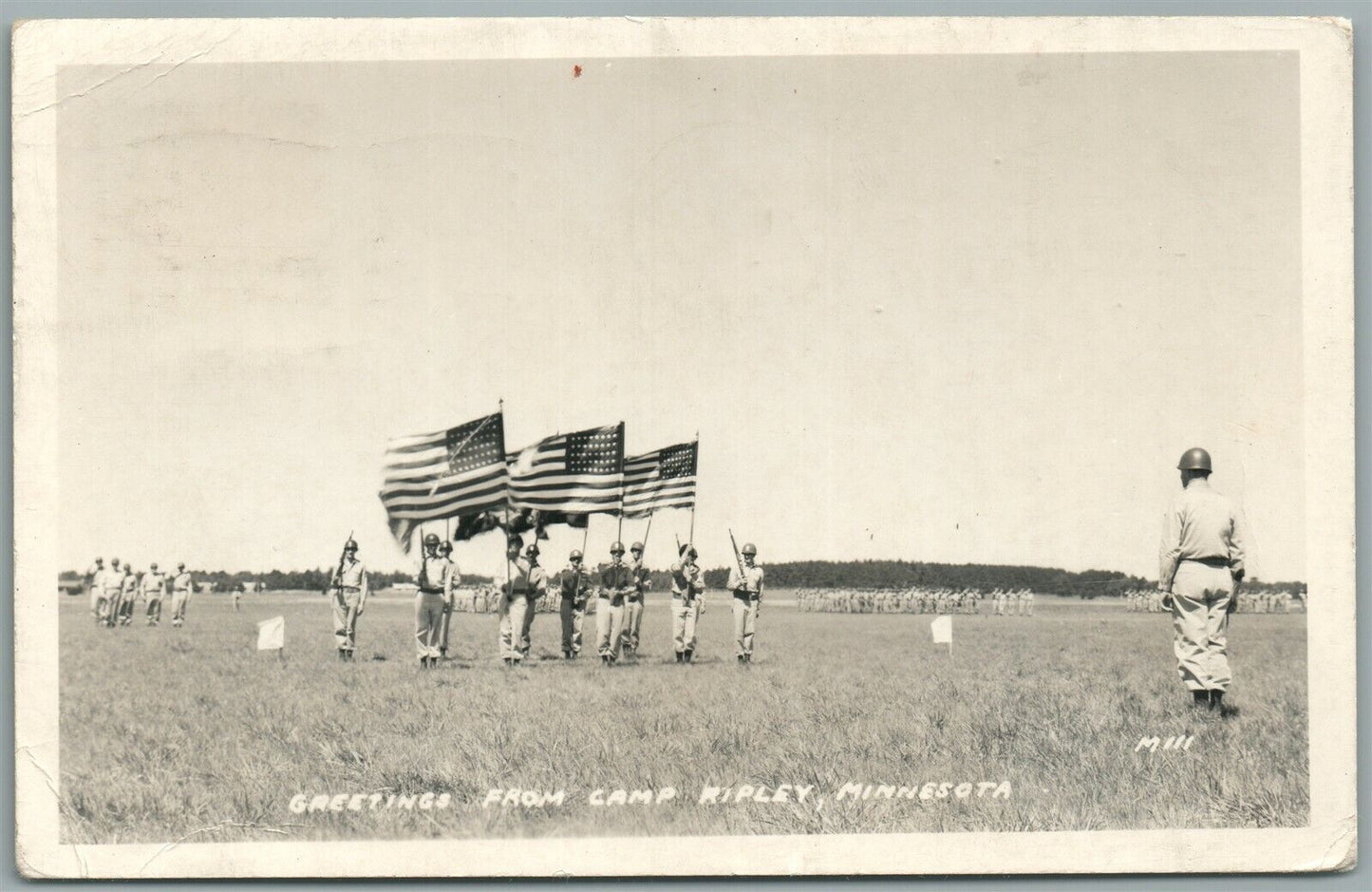 CAMP RIPLEY MN SOLDIERS W/ FLAGS VINTAGE REAL PHOTO POSTCARD RPPC