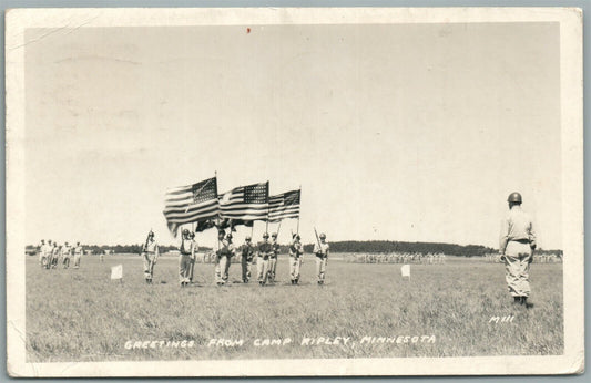 CAMP RIPLEY MN SOLDIERS W/ FLAGS VINTAGE REAL PHOTO POSTCARD RPPC
