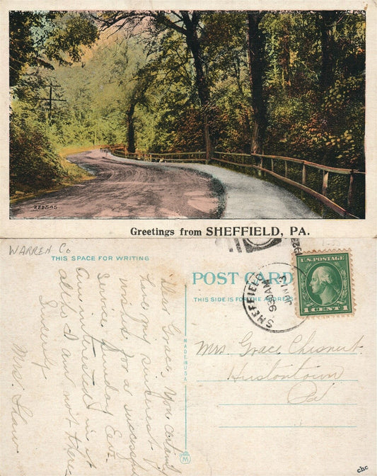 SHEFFIELD PA GREETINGS 1923 VINTAGE POSTCARD w/ CORK CANCEL