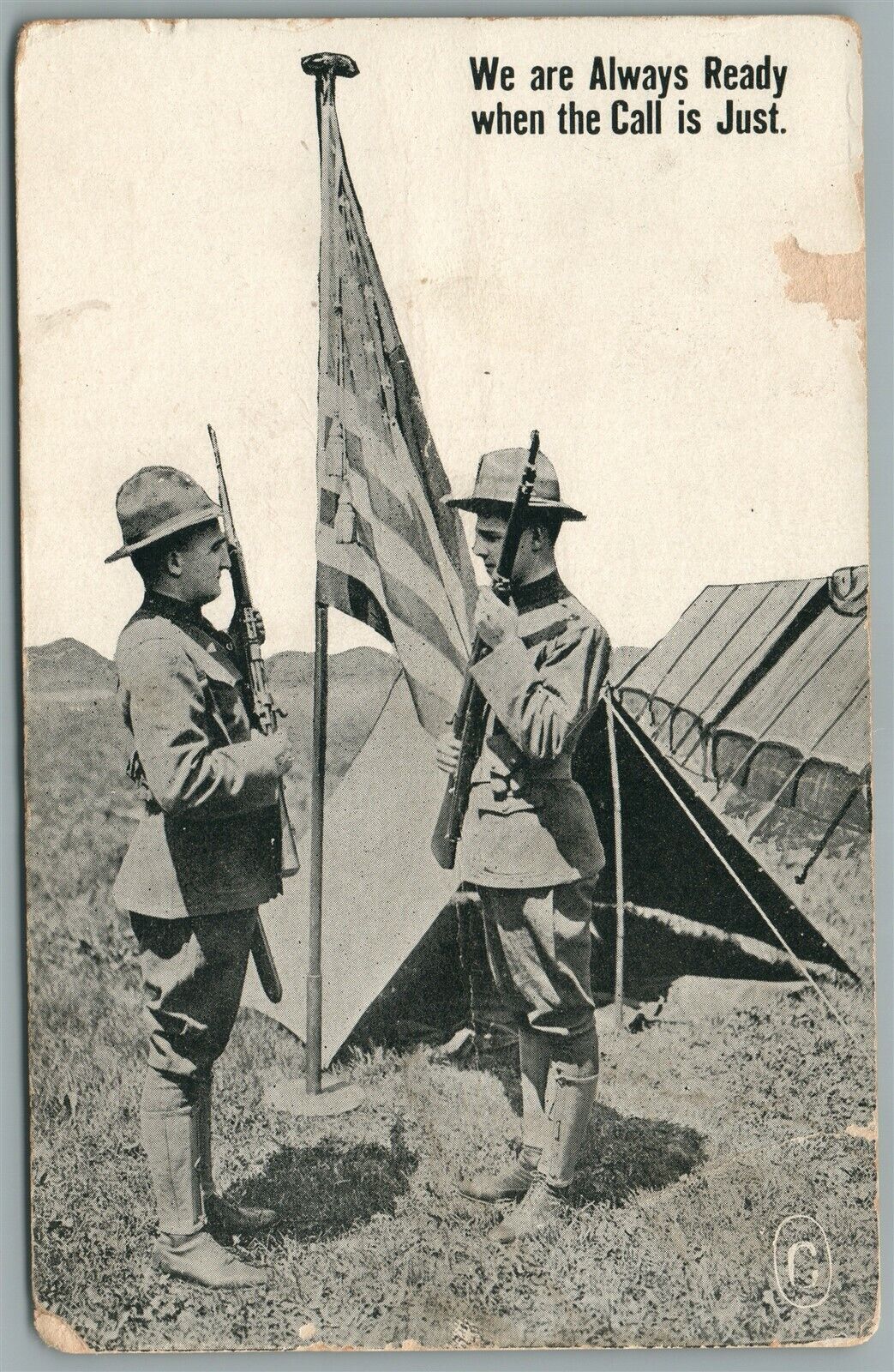 AMERICAN SOLDIERS w/ FLAG & RIFLES WWI ANTIQUE POSTCARD WE ARE ALWAYS READY