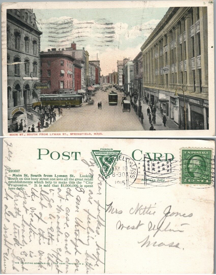 MAIN STREET FROM LYMAN SPRINGFIELD MA 1915 ANTIQUE POSTCARD trolley railroad
