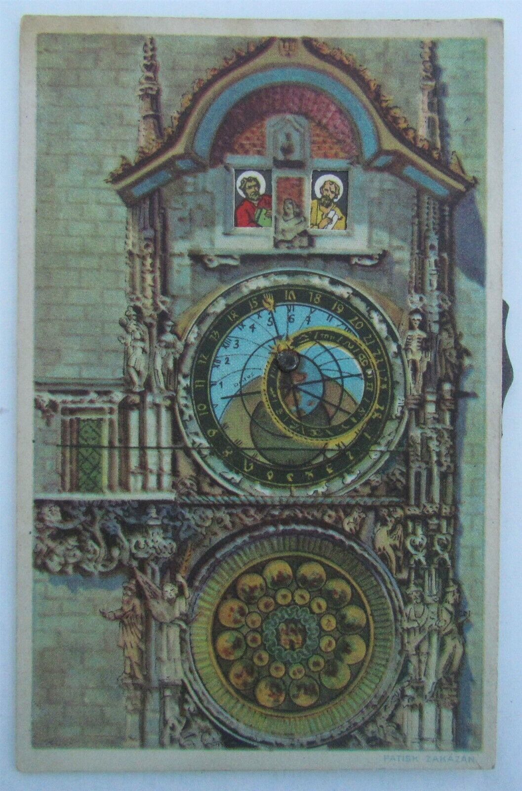 PRAGUE ASTRONOMICAL CLOCK MECHANICAL ANTIQUE CZECH POSTCARD w/ rotating figures