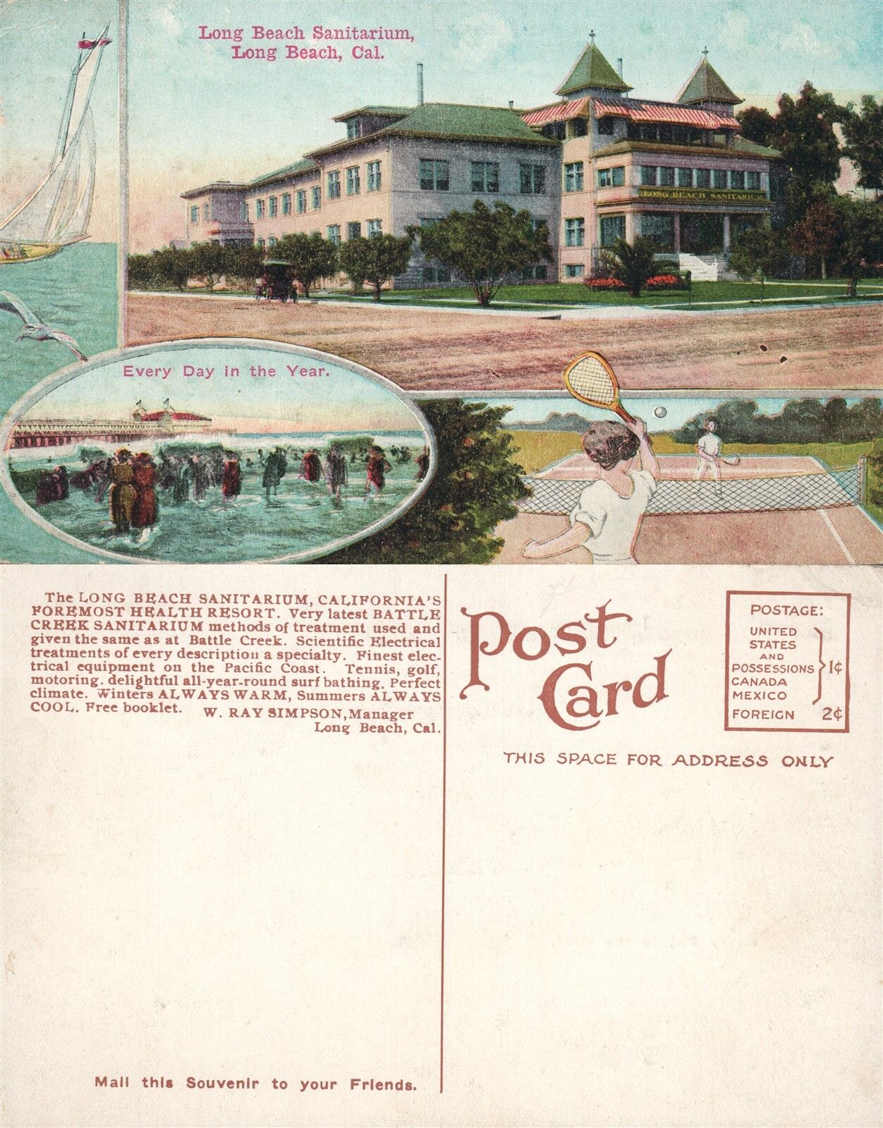 LONG BEACH SANITARIUM CA ANTIQUE POSTCARD