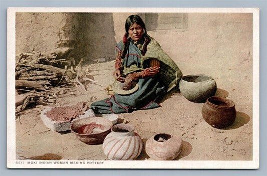 AMERICAN INDIAN MOKI WOMAN MAKING POTTERY ANTIQUE POSTCARD