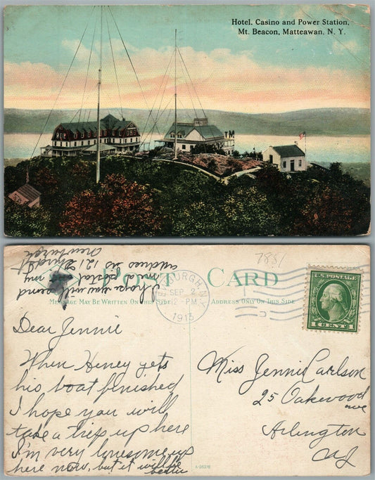 MATTEAWAN N.Y. MT.BEACON HOTEL CASINO & POWER STATION 1913 ANTIQUE POSTCARD