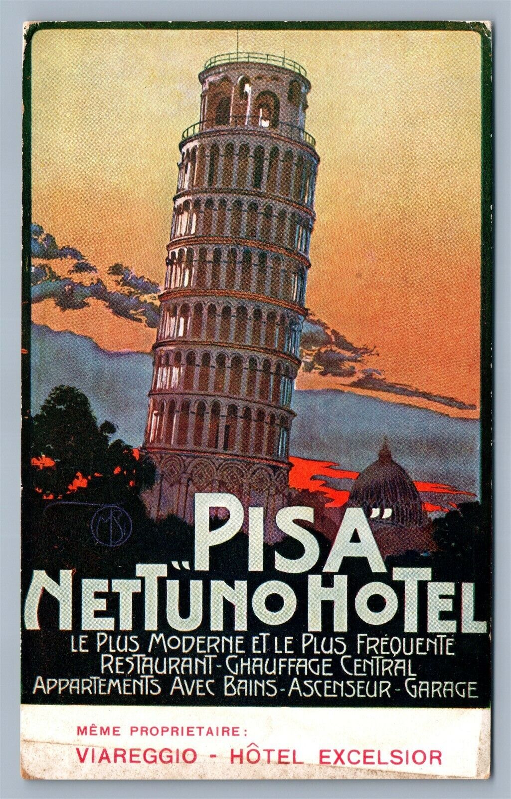 PISA HOTEL NETTUNO ADD ITALIAN ARTIST SIGNED CONRAD RICHTER ANTIQUE POSTCARD