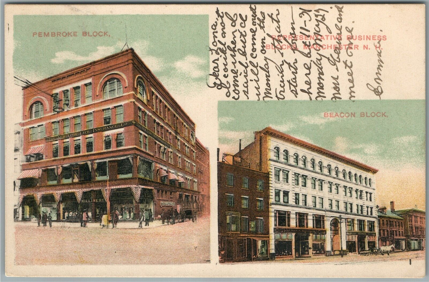 MANCHESTER NH BUSINESS BLOCKS ANTIQUE POSTCARD