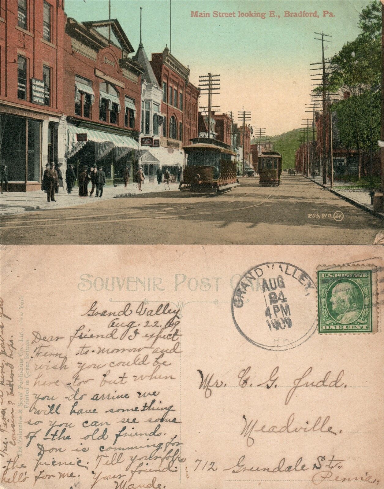 BRADFORD PA MAIN STREET LOOKING EAST 1909 ANTIQUE POSTCARD