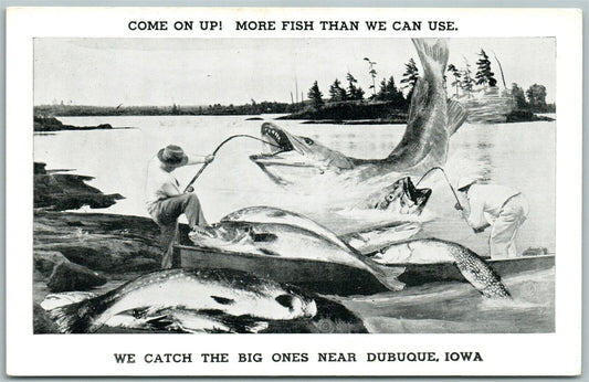 EXAGGERATED FISHING VINTAGE POSTCARD DUBUQUE IOWA