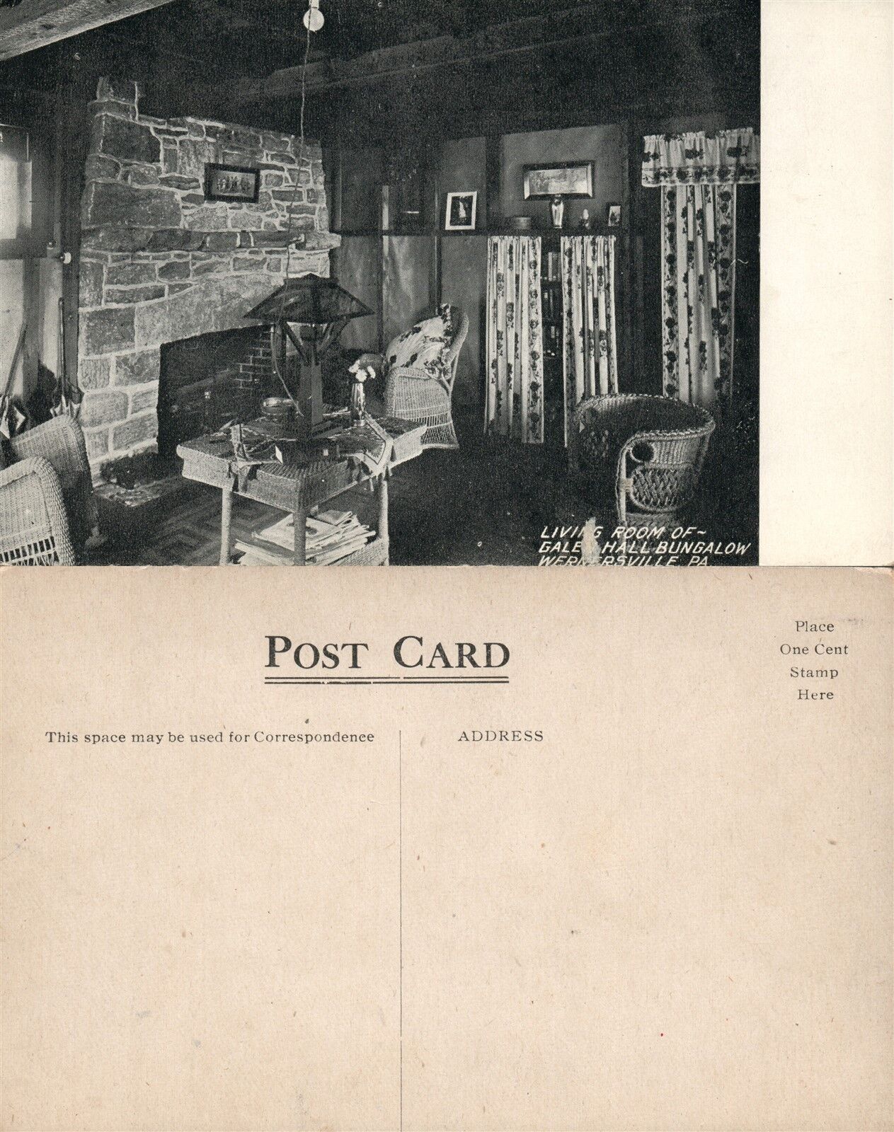 WERNERSVILLE PA GALEN HALL hotel BUNGALOW LIVING ROOM ANTIQUE POSTCARD