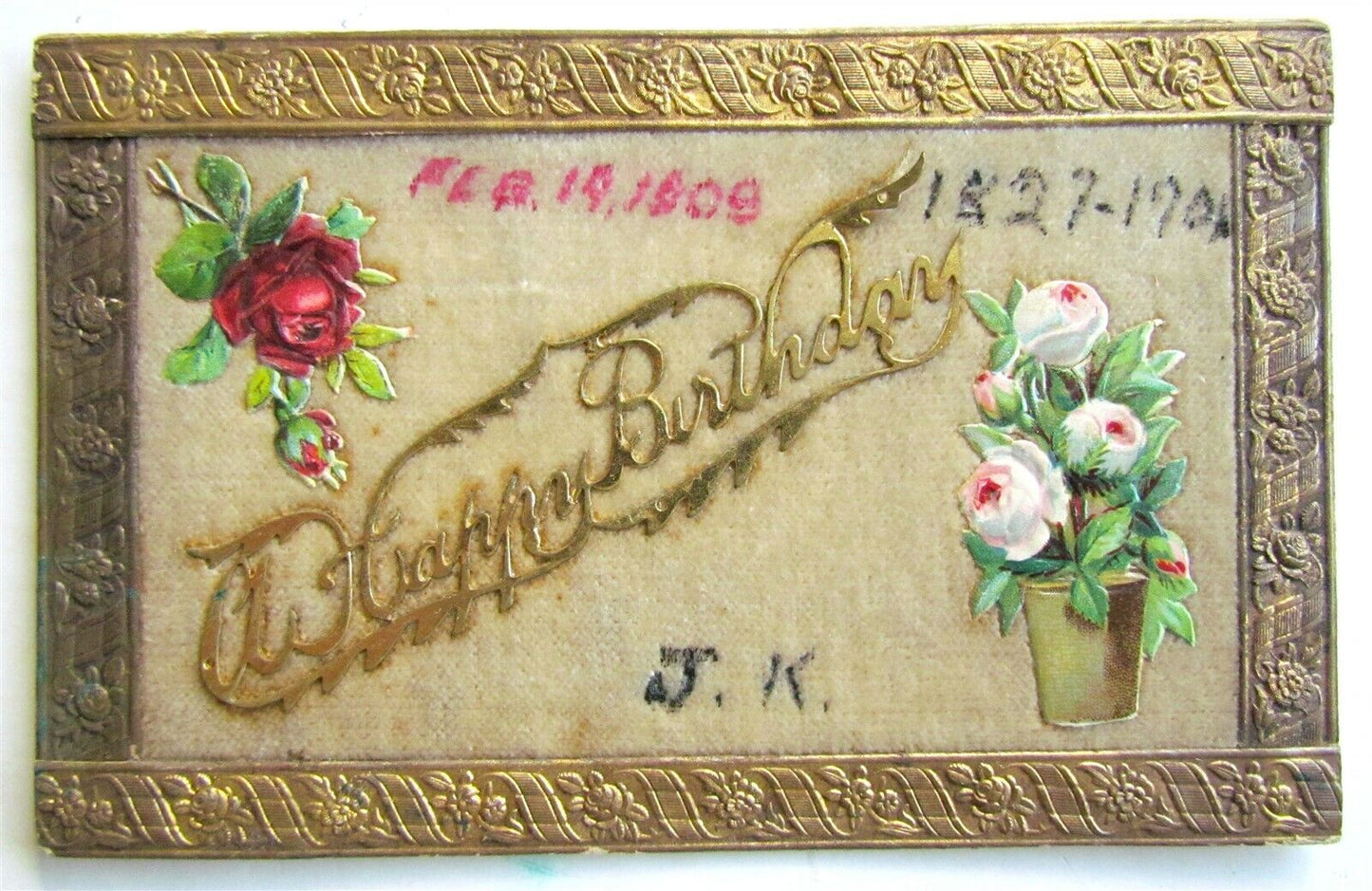 UNIQUE HAND MADE HAPPY BIRTHDAY POSTCARD w/ METAL APPLIQUE on VELVET