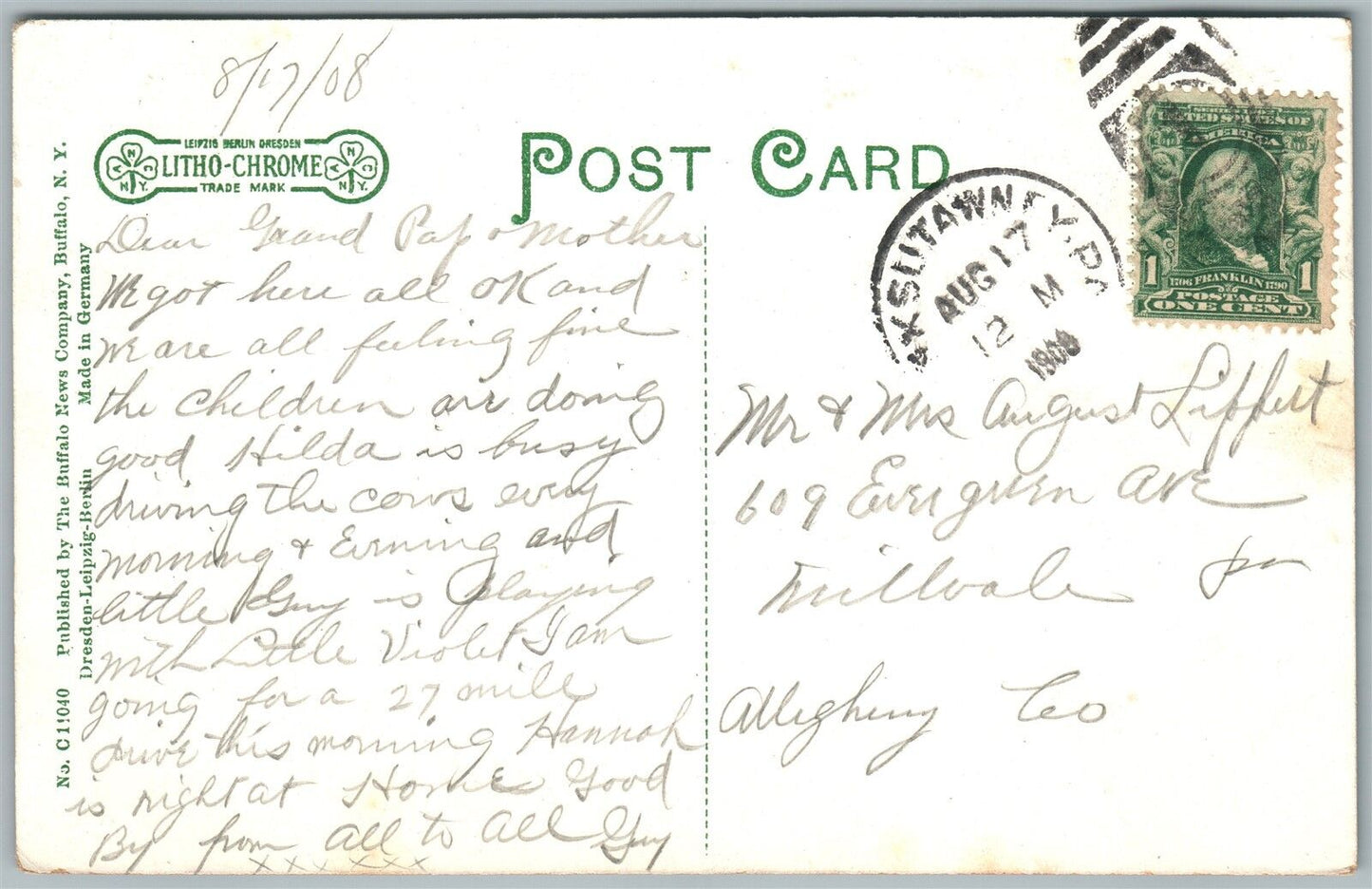 PUNXSUTAWNEY PA ADRIAN HOSPITAL 1908 ANTIQUE POSTCARD w/ CORK CANCEL