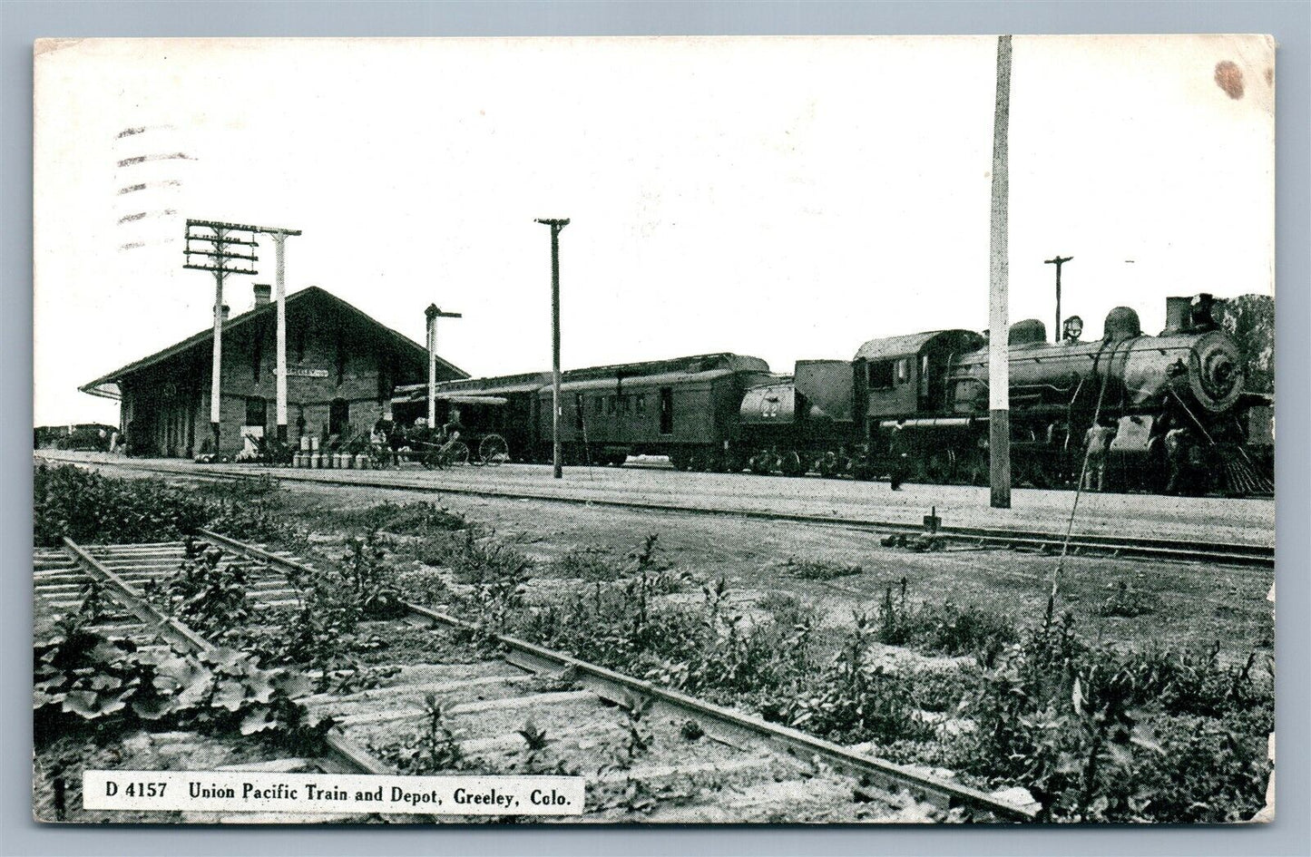 GREELEY CO UNION PACIFIC RAILROAD STATION 1913 ANTIQUE POSTCARD railway depot