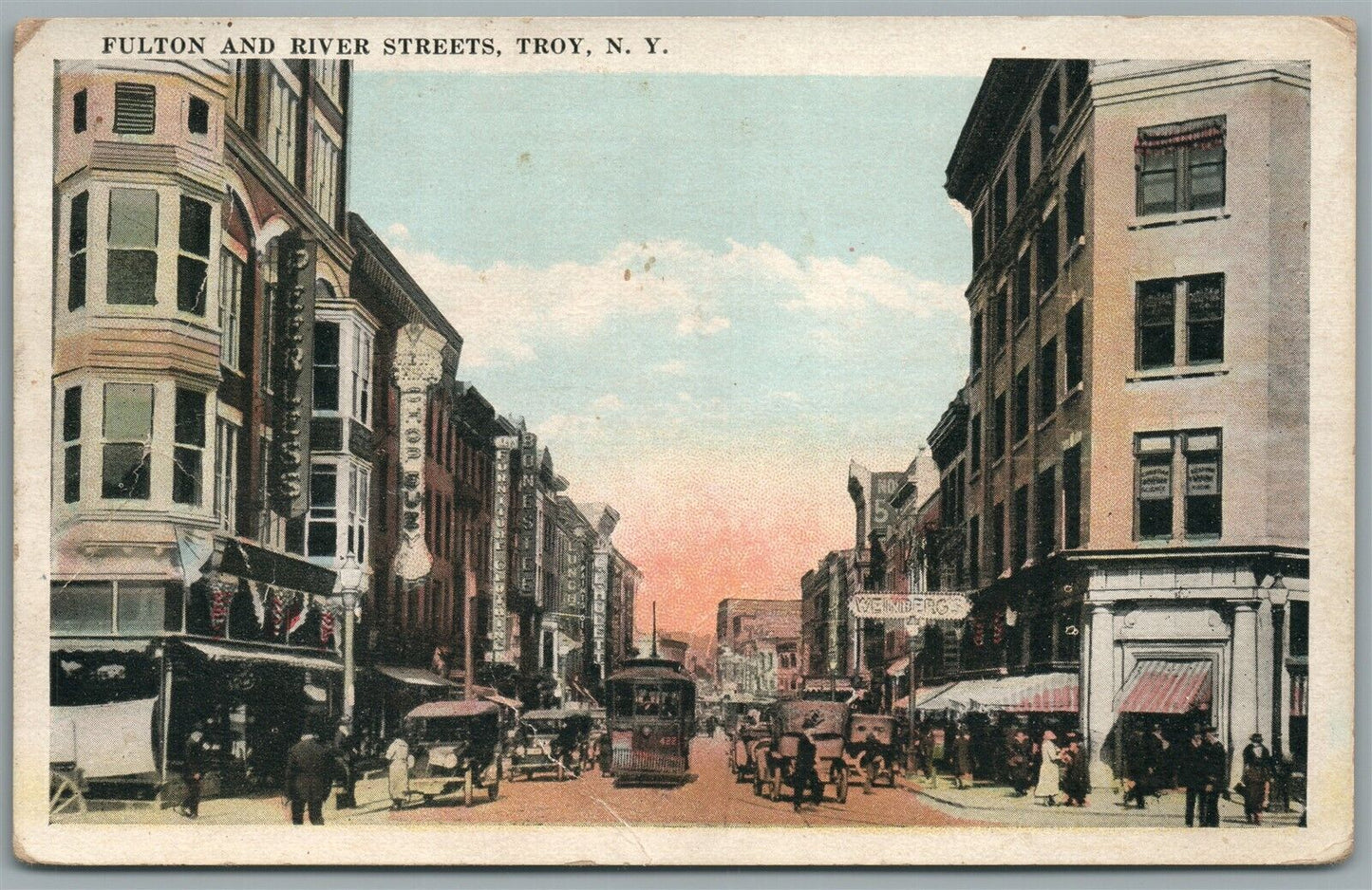 TROY NY FULTON & RIVER STREETS ANTIQUE POSTCARD