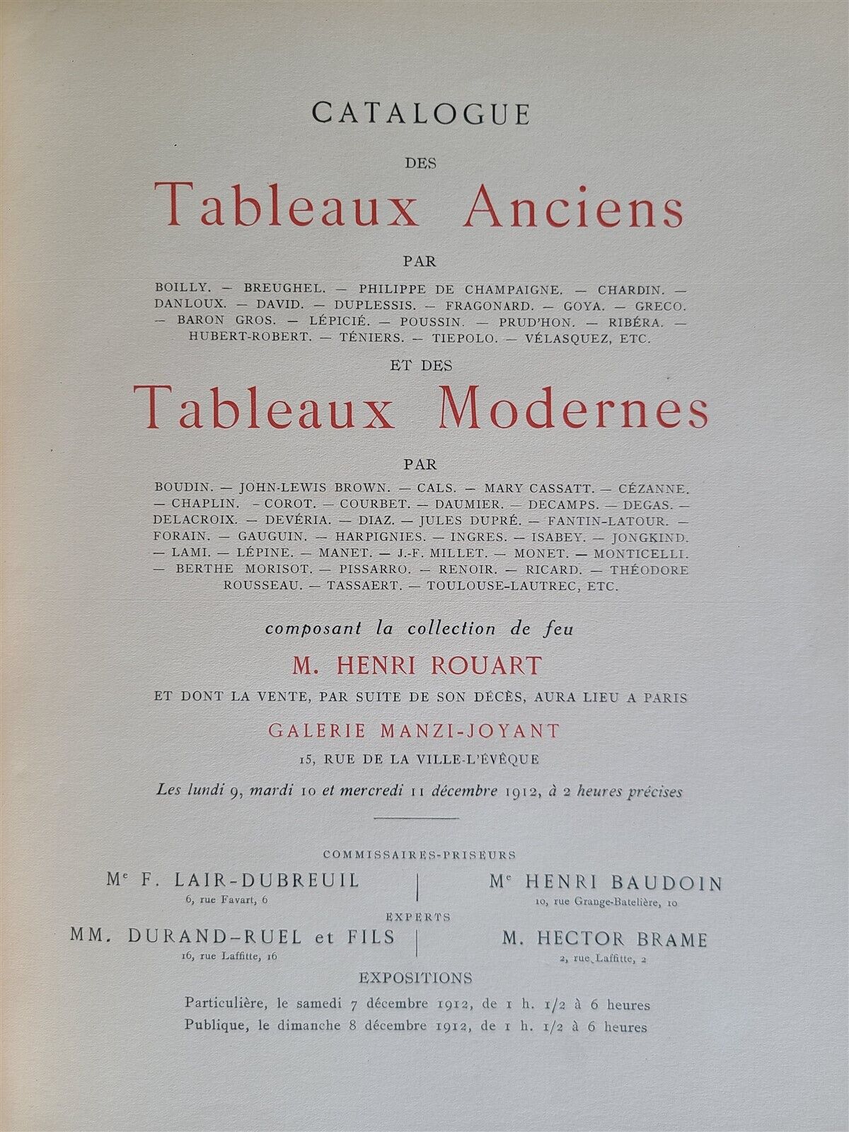 1912 ART COLLECTION of HENRI ROUART CATALOG antique 2 VOLUMES illustrated FOLIO
