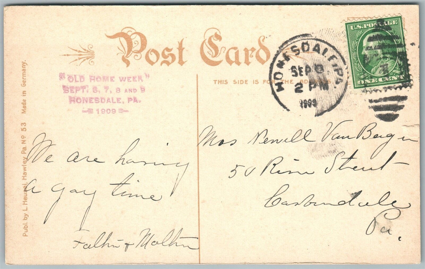 HONESDALE PA CHURCH STREET 1909 ANTIQUE POSTCARD w/ CORK CANCEL