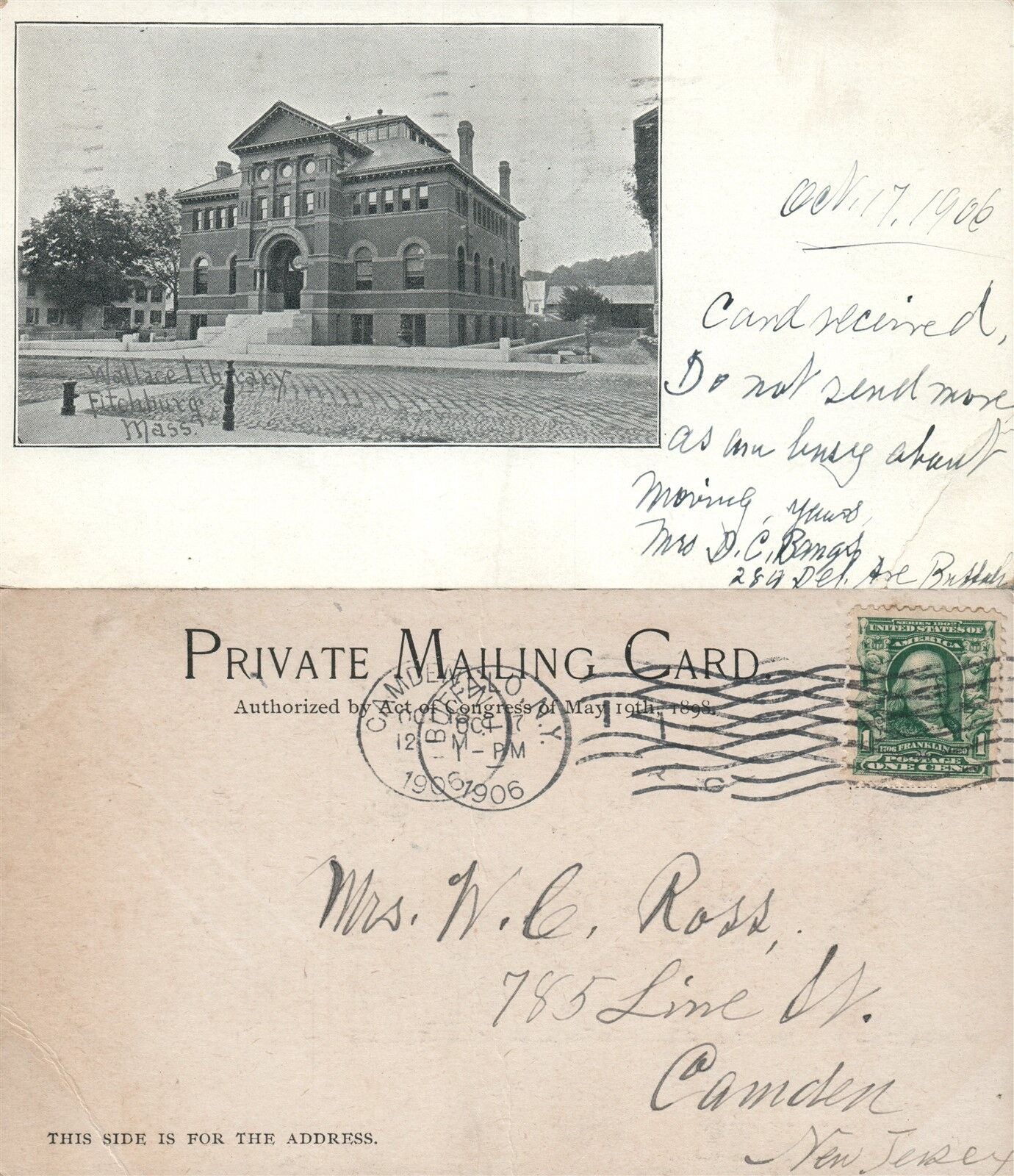 FITCHBURG MA WALLACE LIBRARY 1906 ANTIQUE POSTCARD PRIVATE MAILING CARD