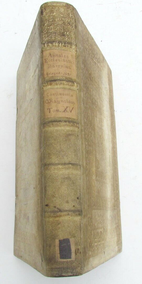 1691 BLIND-STAMPED PIGSKIN OVER WOODEN BOARDS FOLIO ANNALES ECCLESIASTICI Vol.15