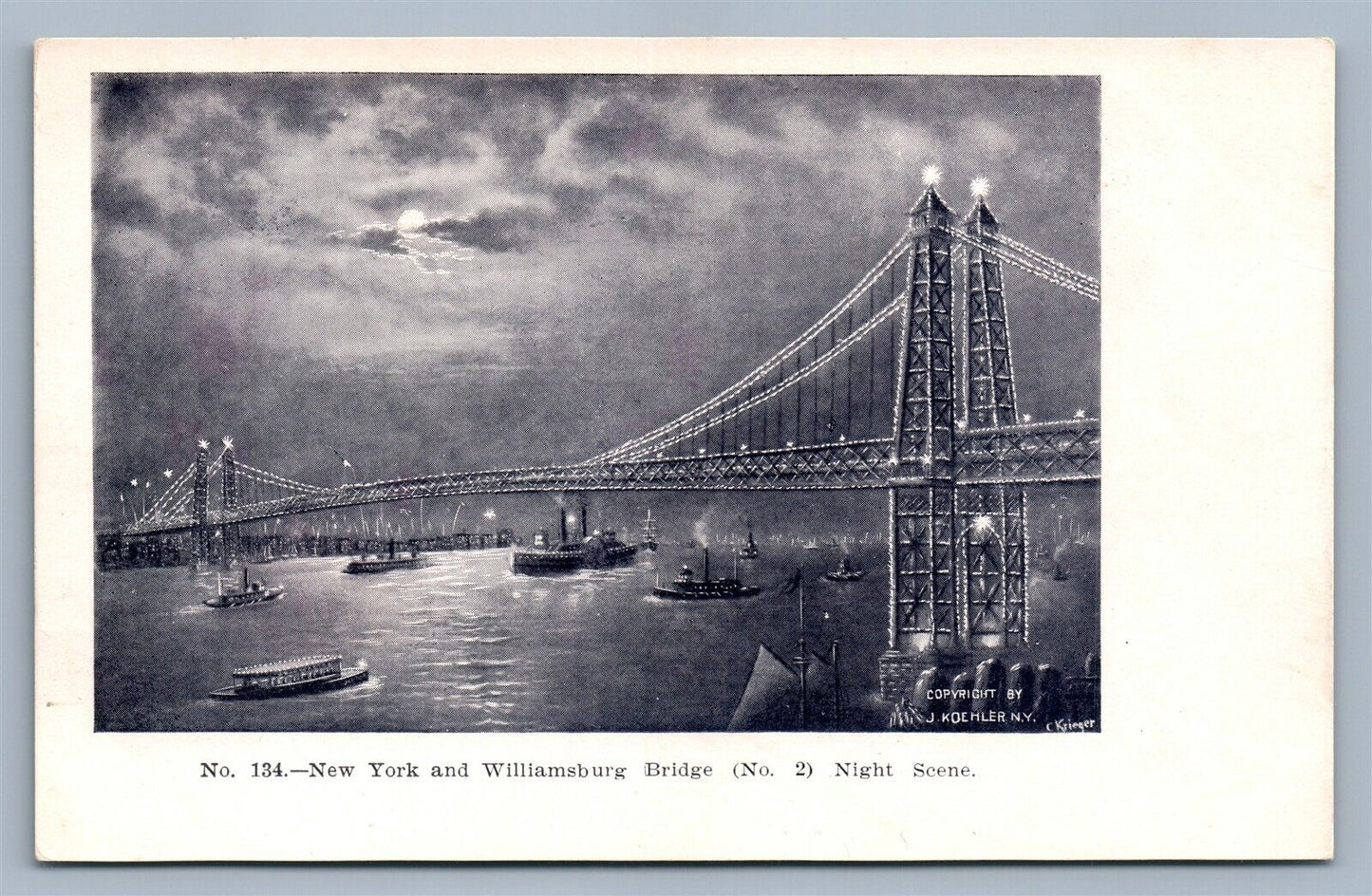 NEW YORK NY WILLIAMSBURG BRIDGE ANTIQUE POSTCARD #134