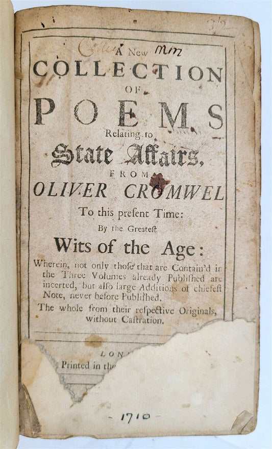 1710 POEMS RELATING TO STATE AFFAIRS FROM OLIVER CROMWELL - PRESENT TIME antique