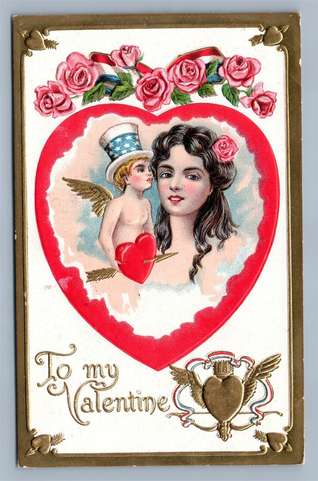 VALENTINE ANTIQUE POSTCARD CUPID IN UNCLE SAM HAT PATRIOTIC