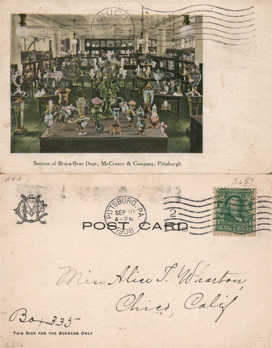 PITTSBURG PA BRIC-A-BRAC DEPT. McCREERY & CO. 1908 UNDIVIDED ANTIQUE POSTCARD