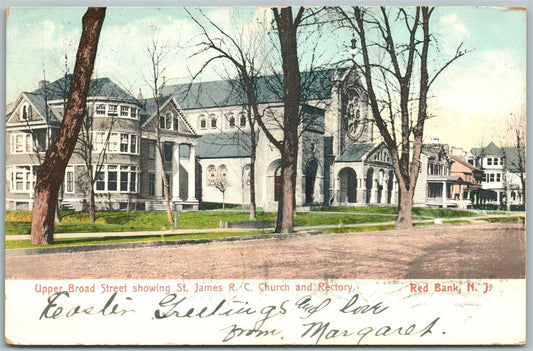 RED BANK NJ UPPER BROAD STREET ST.JAMES CHURCH 1907 UNDIVIDED ANTIQUE POSTCARD