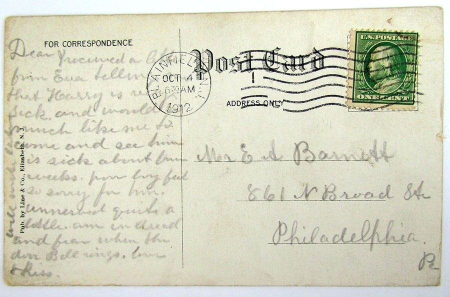 ANTIQUE 1912 POSTCARD WEST FRONT STREET PLAINFIELD N.J.